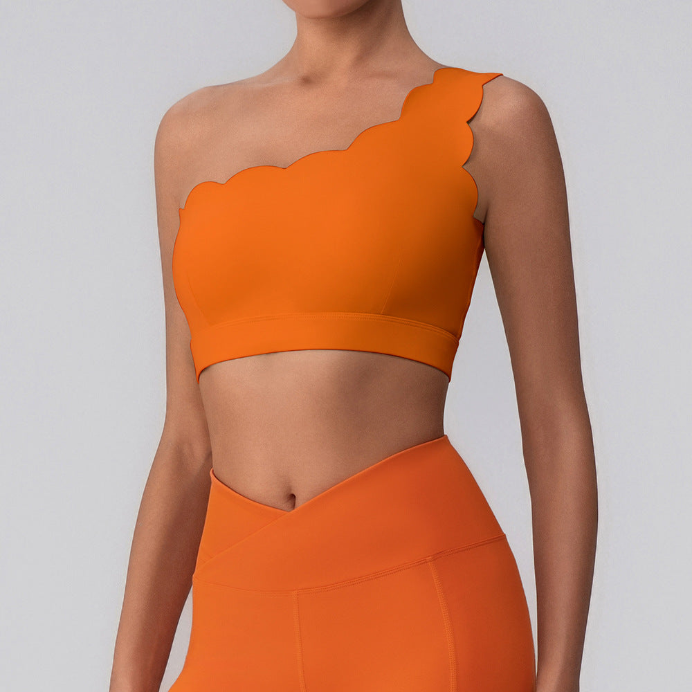 Wavy One Shoulder Sports Bra Tank Top with Removable Pads