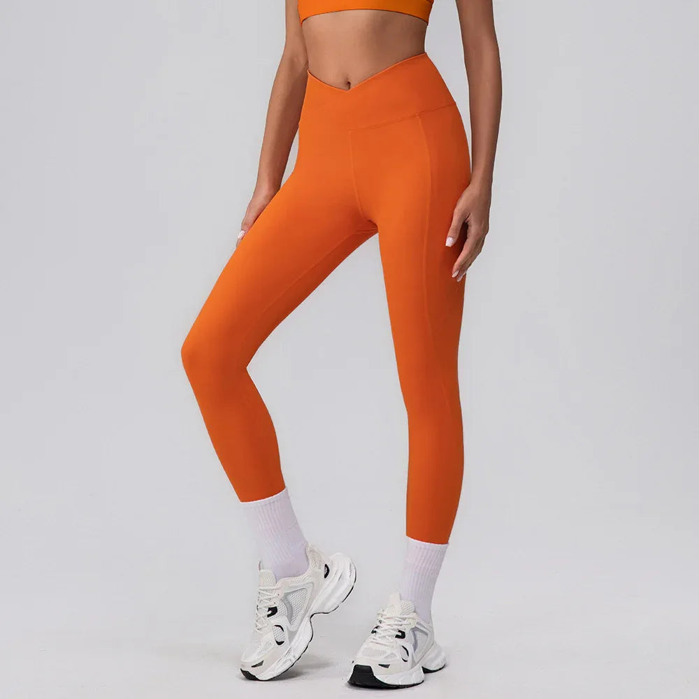 V Cross High Waist Butt Lifting Workout Leggings - Orange Red