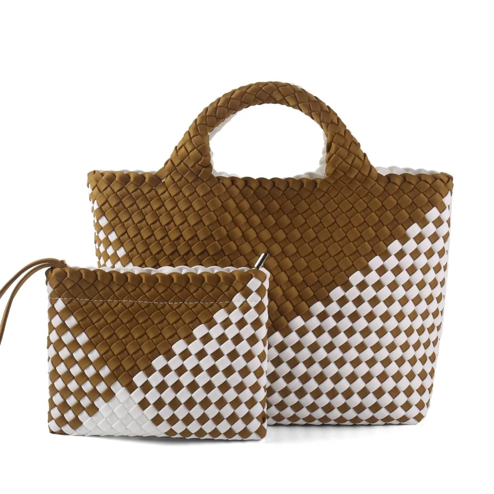 Handmade Woven Tote Bag Neoprene Handbag - Brown