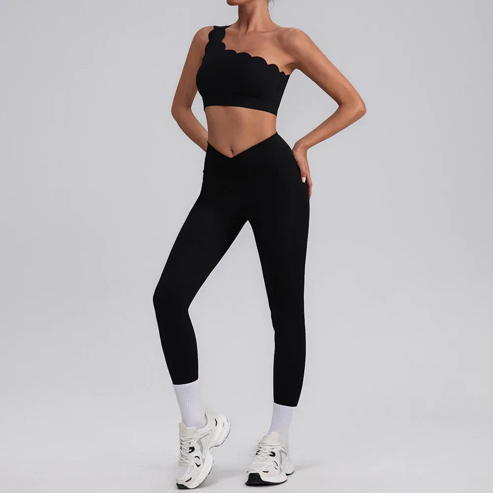 Activewear Sets with One Shoulder Sports Bra and Leggings - Black