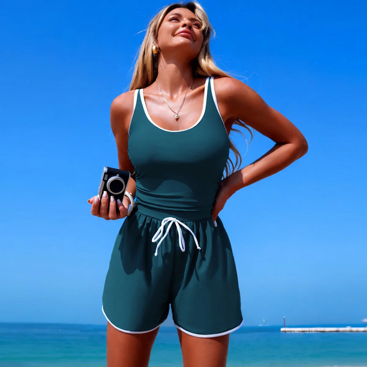 Drawstring Romper One Piece Swimsuits with Short and Pocket -