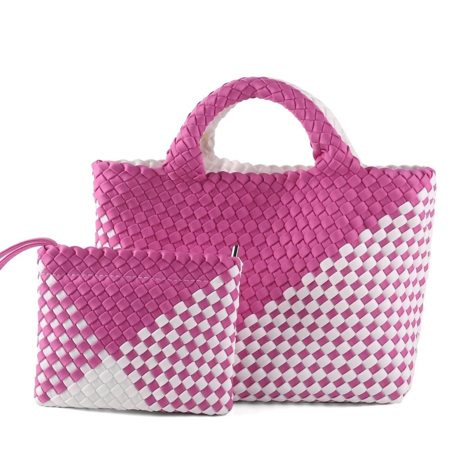 Handmade Woven Tote Bag Neoprene Handbag - Rose Red