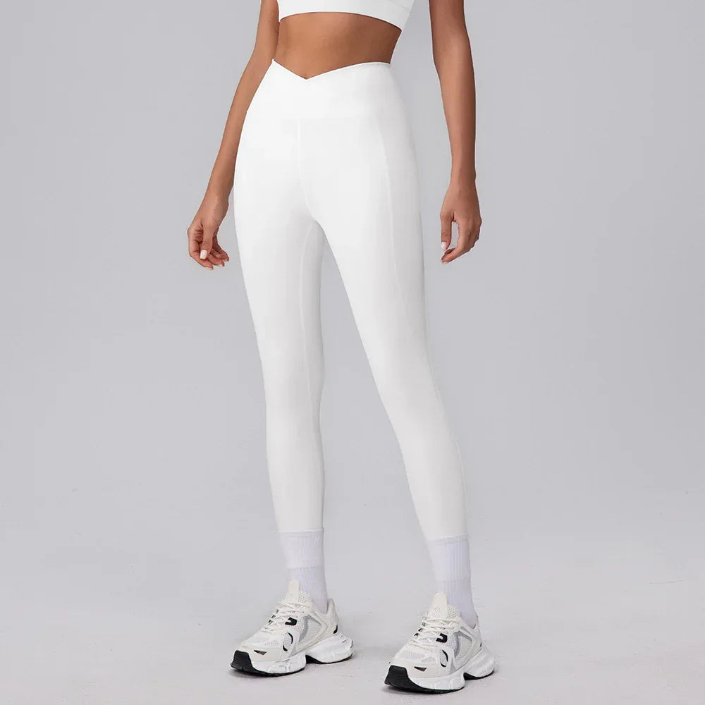 V Cross High Waist Butt Lifting Workout Leggings - White