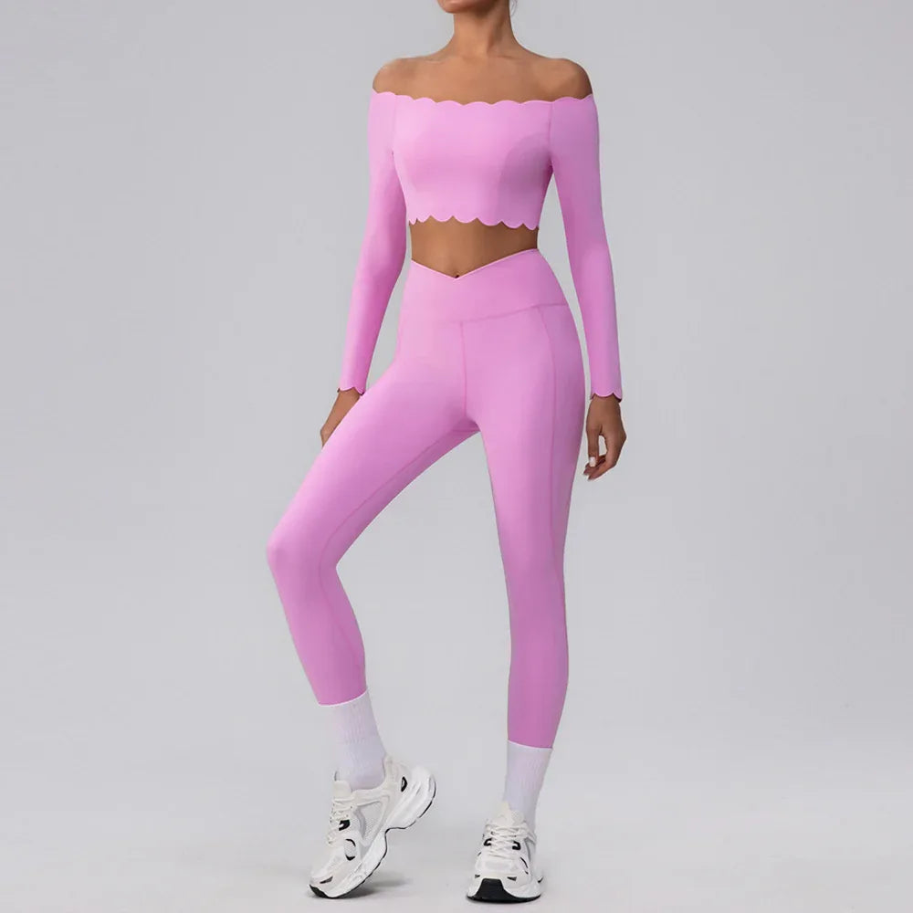 Activewear Sets with Off Shoulder Crop Tops and Leggings - Pink