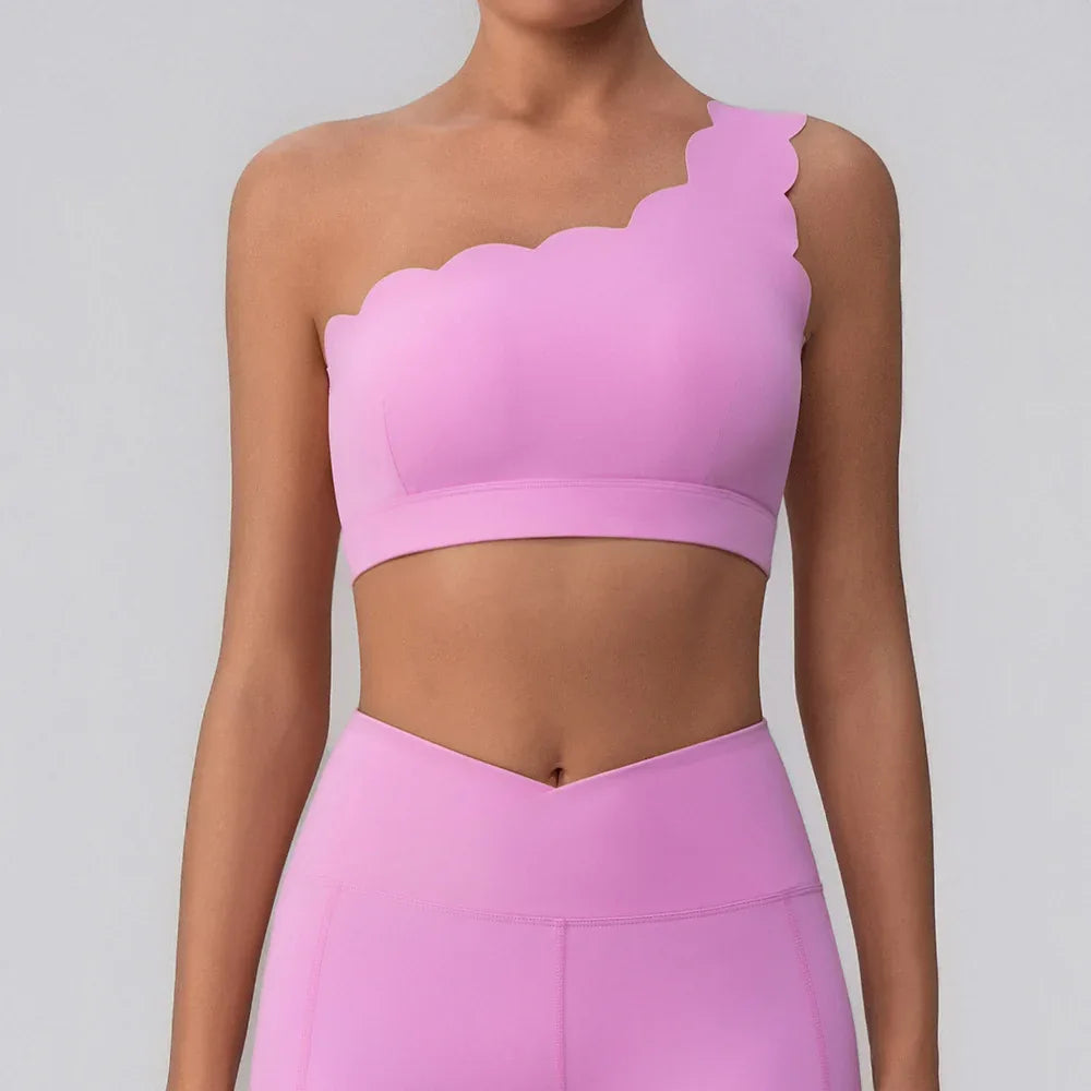 CRAVEBYFW pink wavy one-shoulder bra tank on model