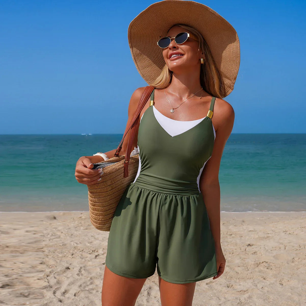 Colorblock Rompers One Piece Swimsuits with Short and Pocket -