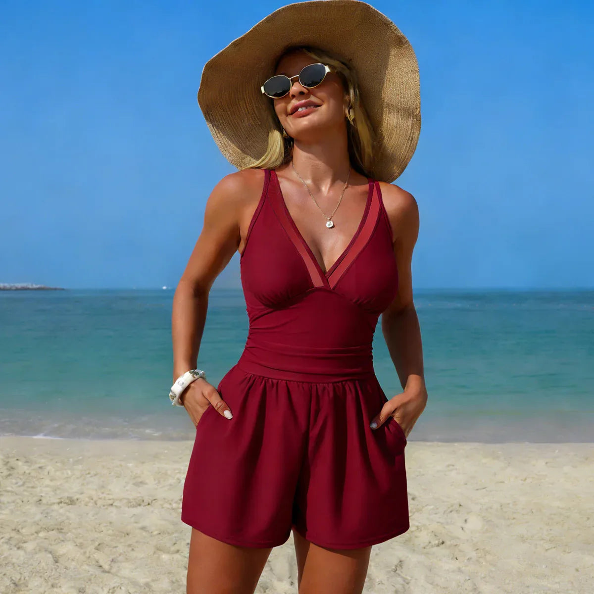 V Neck Swimwear One Piece Swimsuit with Short and Pocket - Wine Red