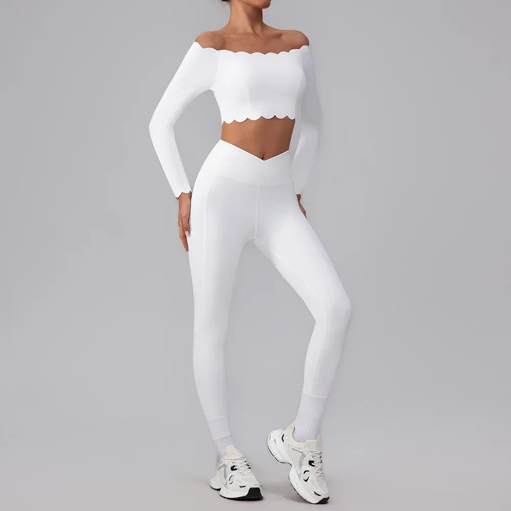 Activewear Sets with Off Shoulder Crop Tops and Leggings - White