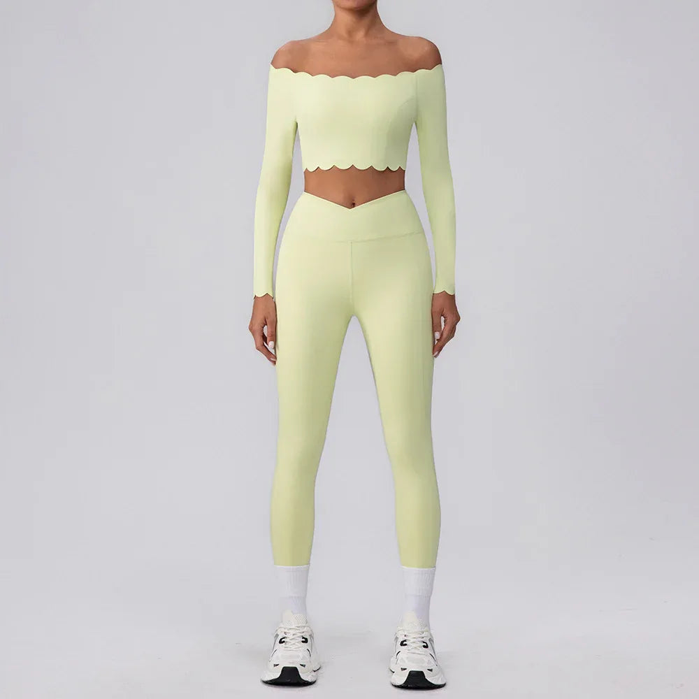 Activewear Sets with Off Shoulder Crop Tops and Leggings - Yellow