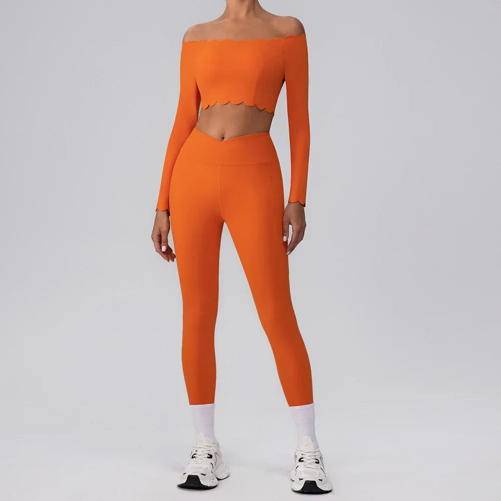Activewear Sets with Off Shoulder Crop Tops and Leggings - Orange Red