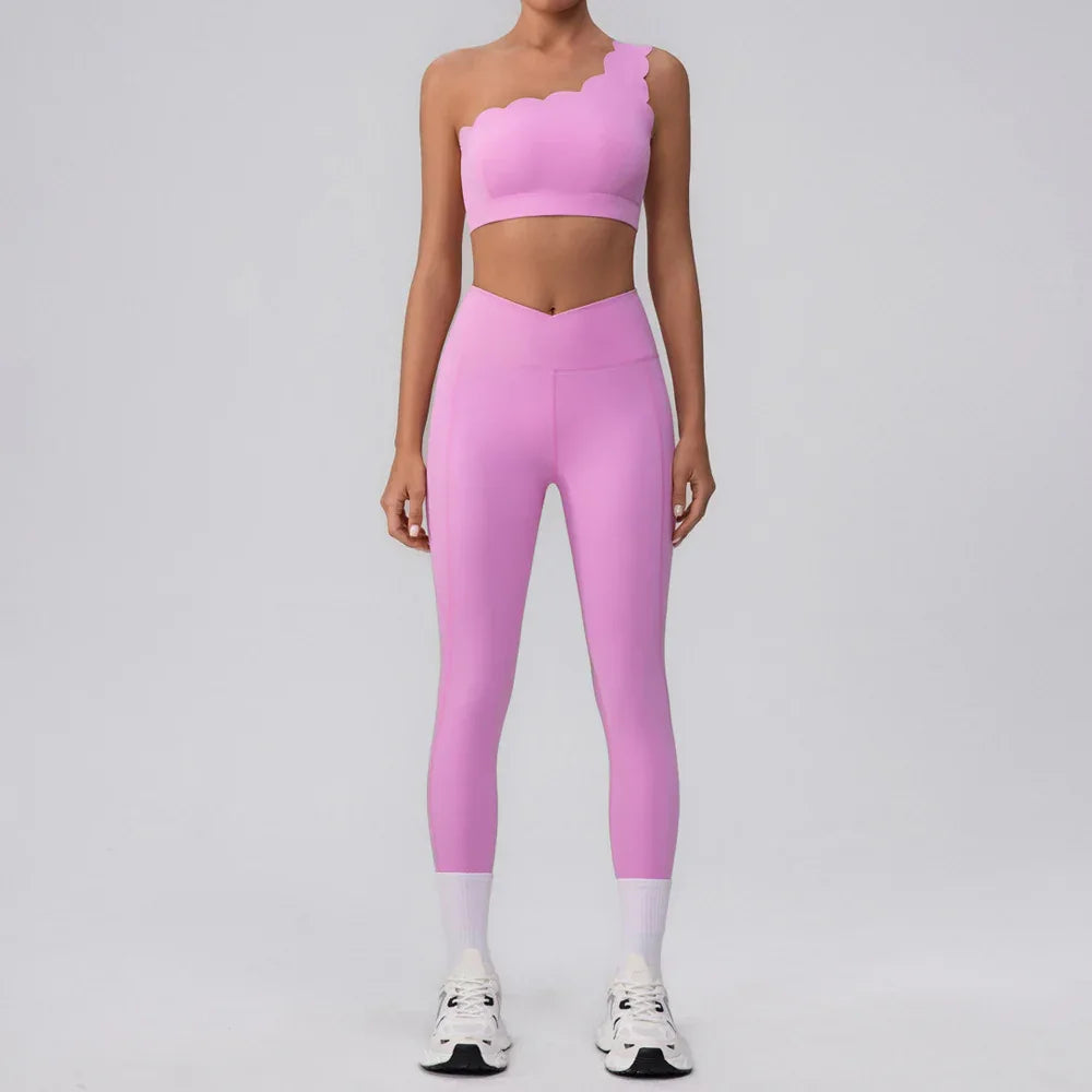 Activewear Sets with One Shoulder Sports Bra and Leggings - Pink