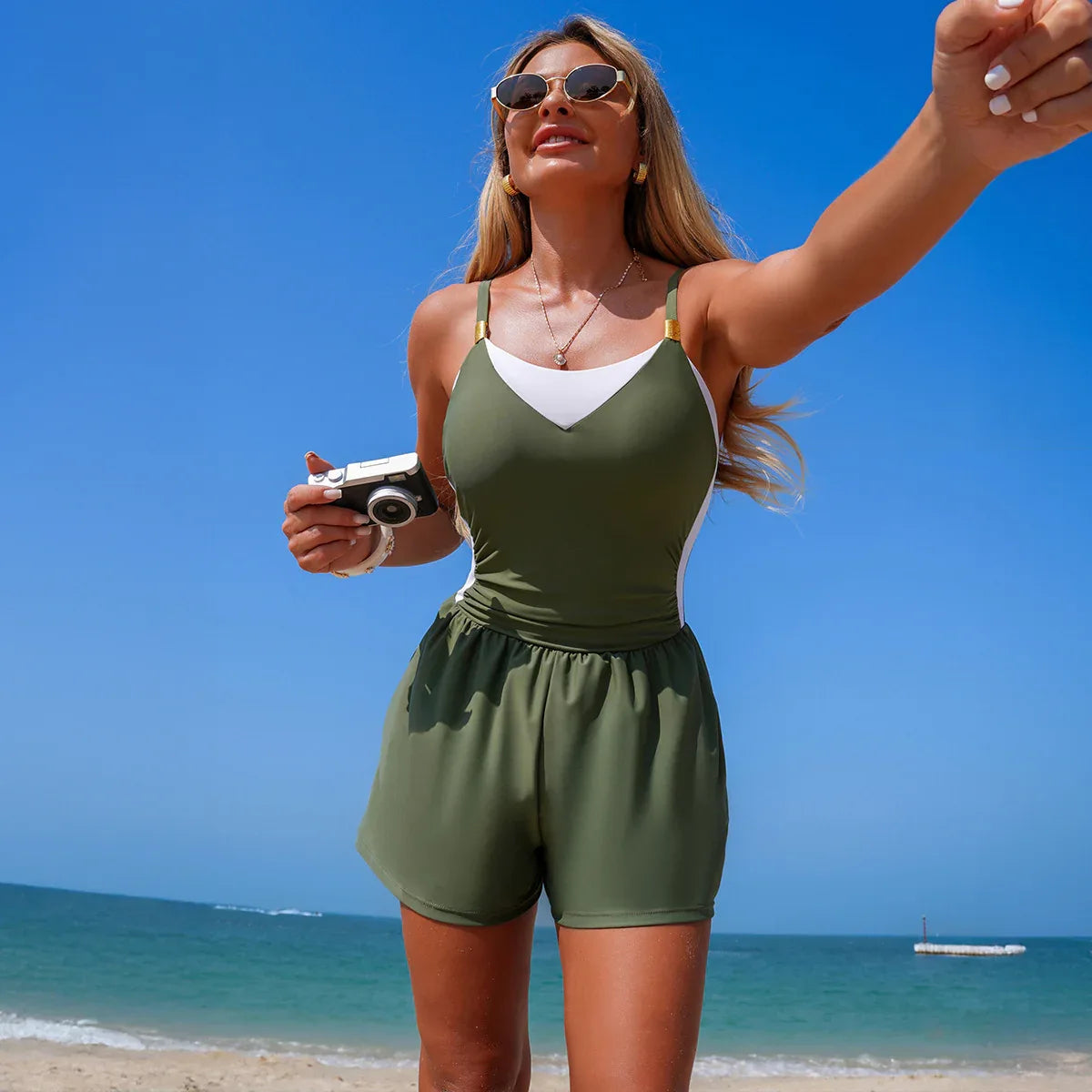 Colorblock Rompers One Piece Swimsuits with Short and Pocket -