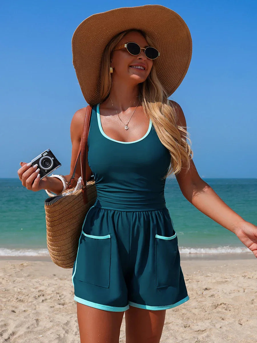 Color Block Romper One Piece Swimsuit with Short and Pocket - Peacock Green & Ice Green
