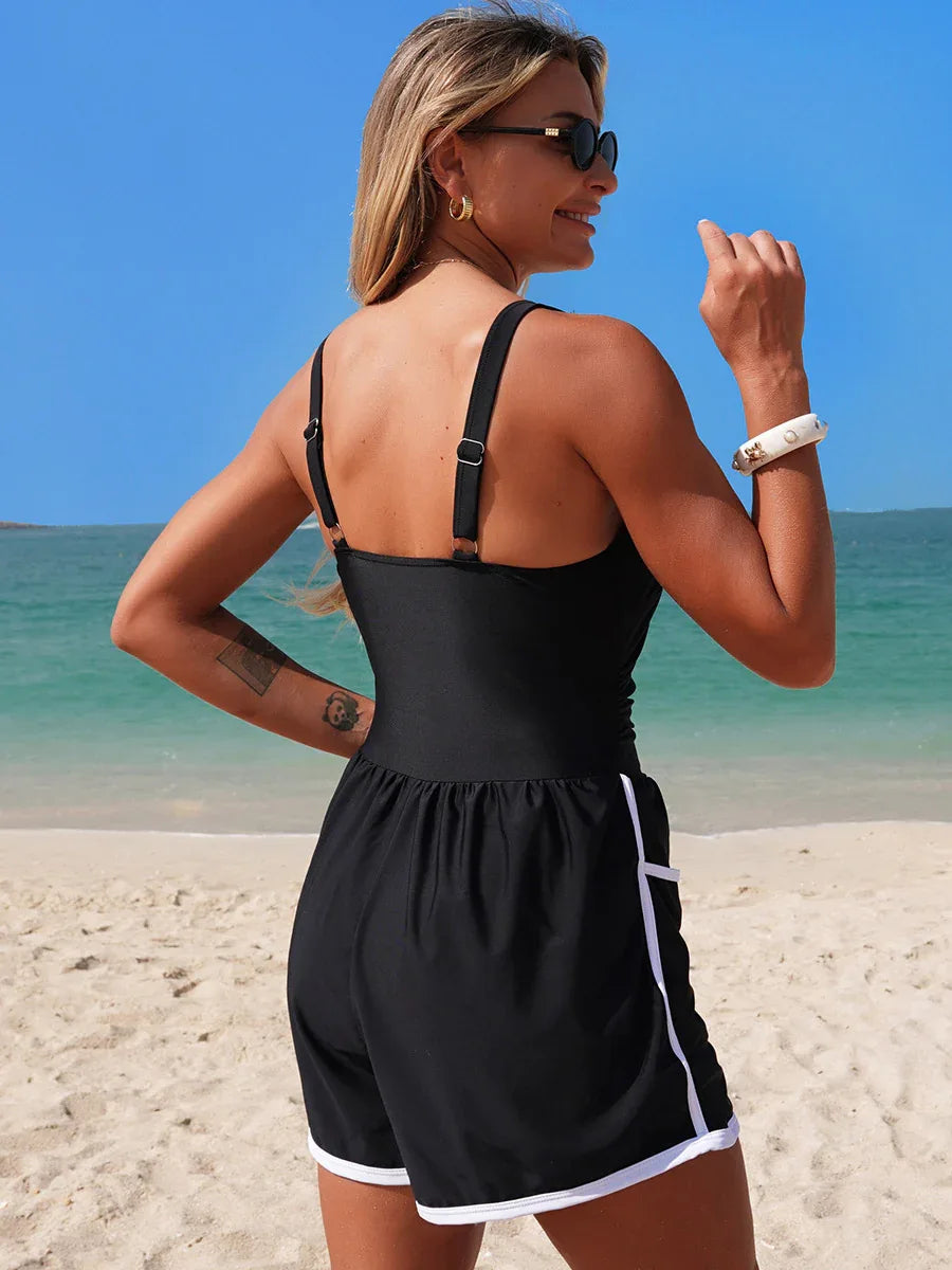 Color Block Romper One Piece Swimsuit with Short and Pocket -