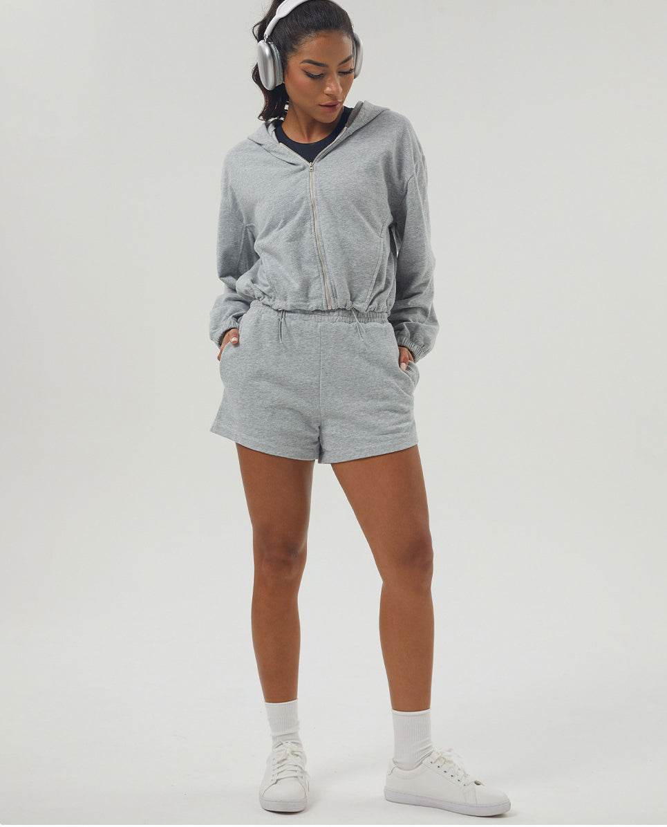 Loose Sports Set with Full Zip Hooded and Adjustable Short