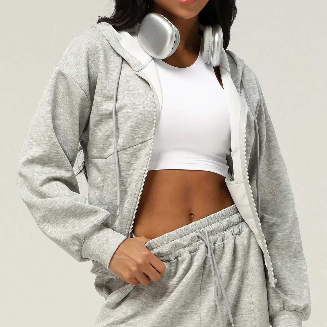 Long Sleeve Sports Coat With Hoodie - Floral Gray
