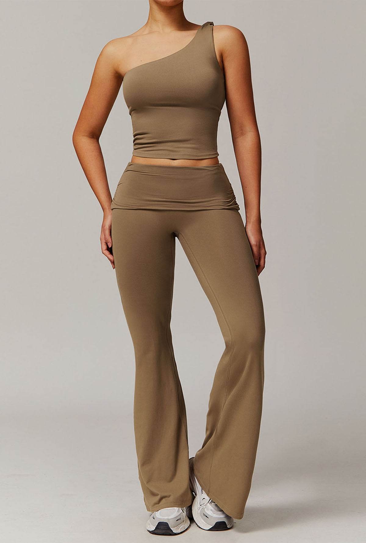 Active Wear Set with One Shoulder Knot Design Tank Top and Flare Pants
