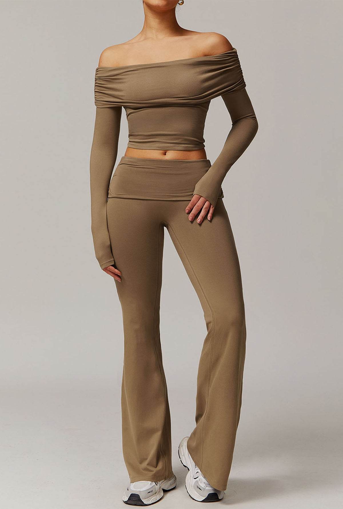 Active Wear Set with Long Sleeve Off Shoulder Crop Top and Flare Pants