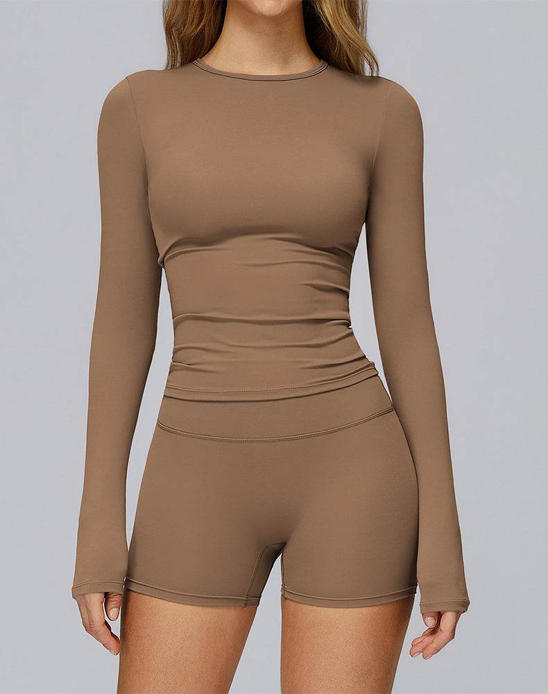 Athletic Wear with Long Sleeve Slim Fit T-Shirt and Short - Mocha Brown