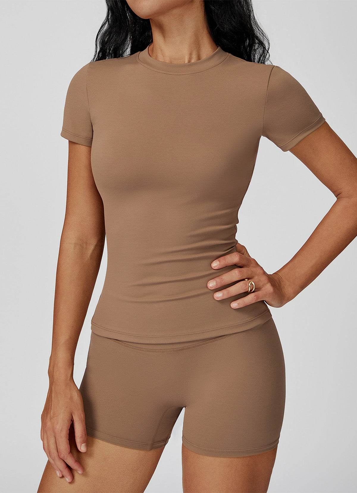 Sports Wear with Short Sleeve T-Shirt and Shorts - Mocha Brown