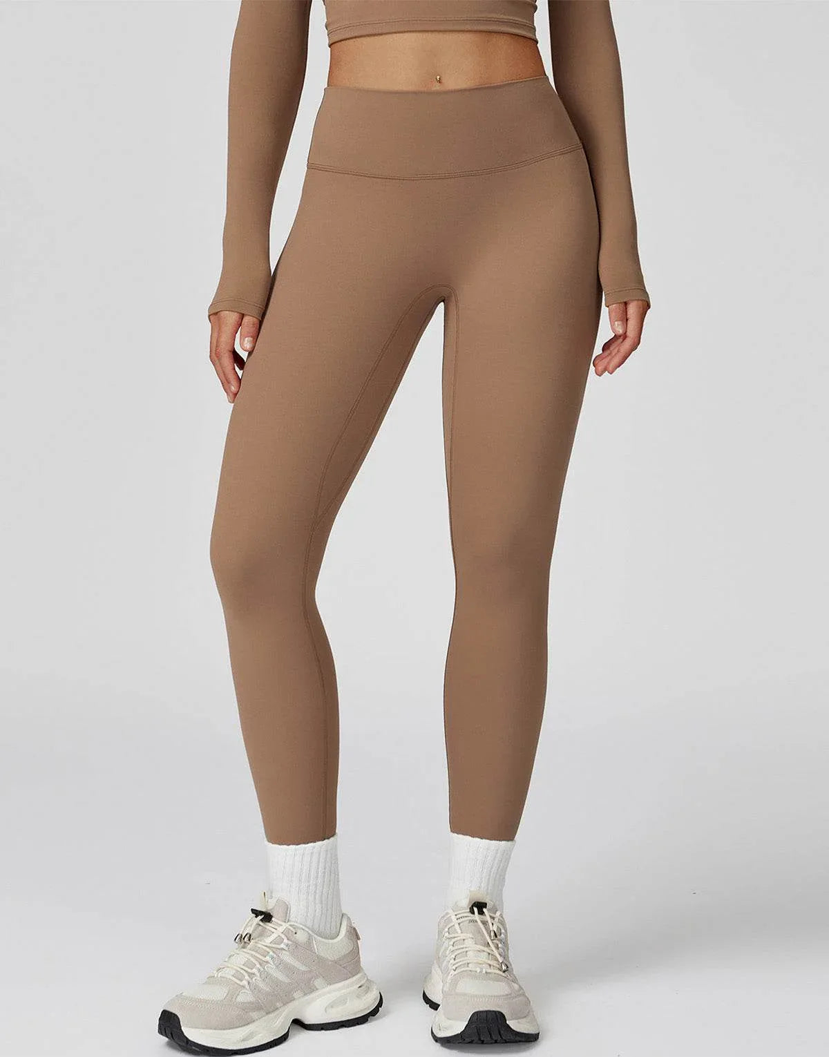 No Front Seam High Waist Sports Leggings - Mocha Brown