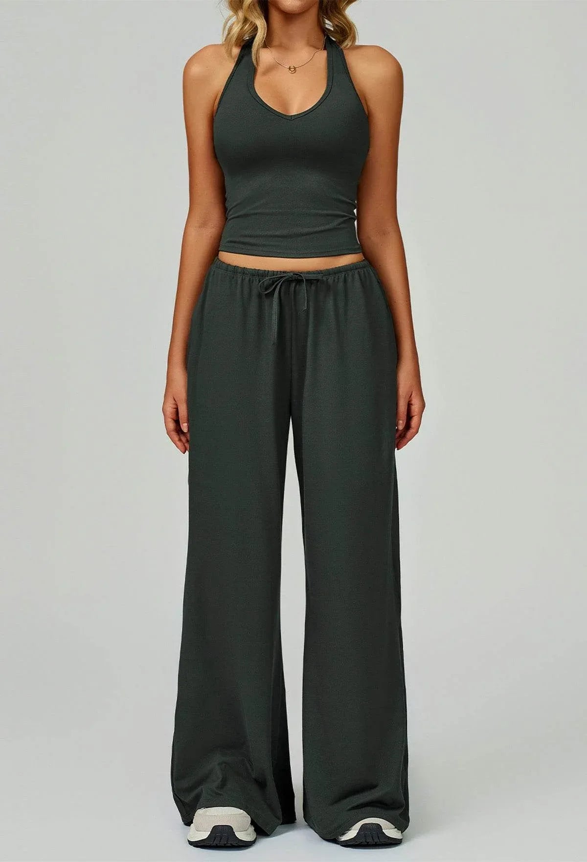 Activewear Wear with Tank Top and Wide Leg Lounge Pants - Volcanic Gray