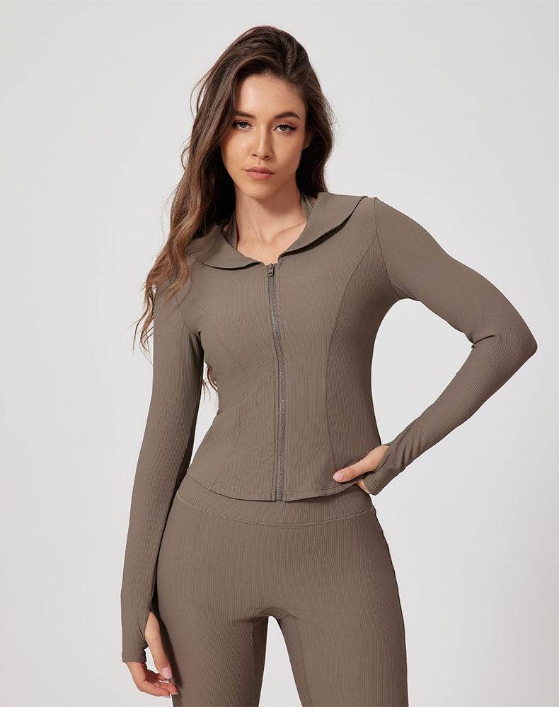 Navy Collar Workout Jacket Zipper Long Sleeve Yoga Coat