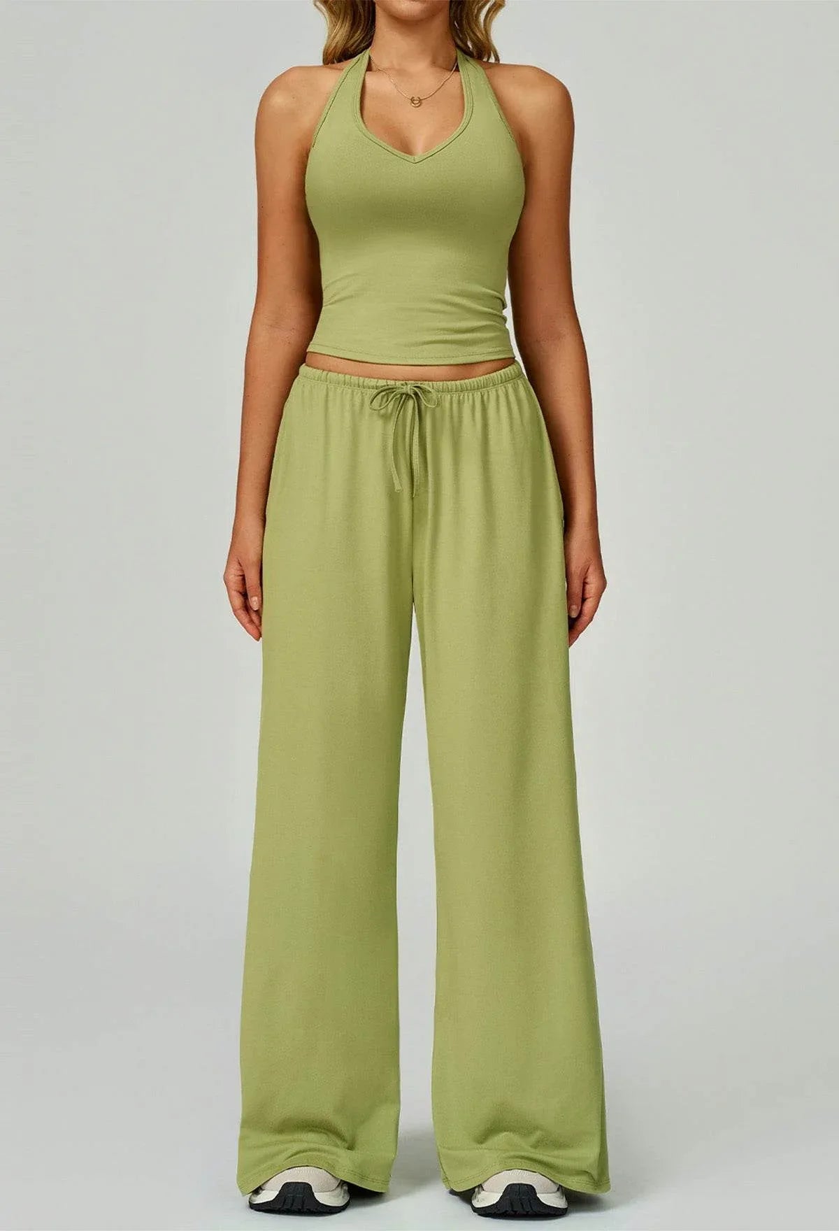 Activewear Wear with Tank Top and Wide Leg Lounge Pants - Lime Green