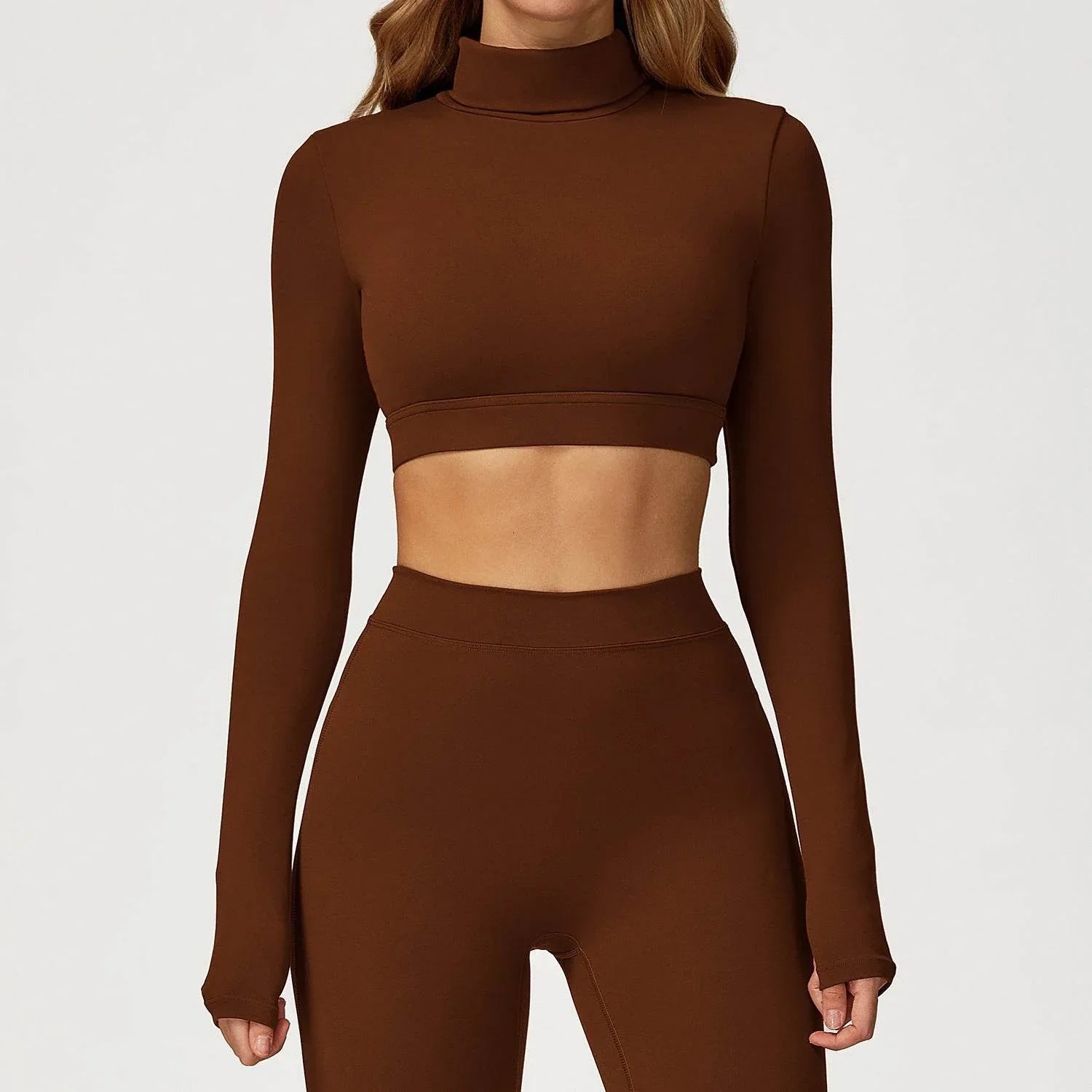 Backless Turtleneck Crop Top Long Sleeve Yoga T-Shirt - Caramel Brown