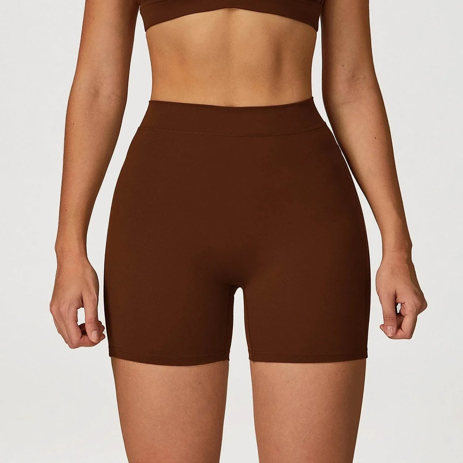 No Front Seam High Waist Yoga Shorts - Caramel Brown