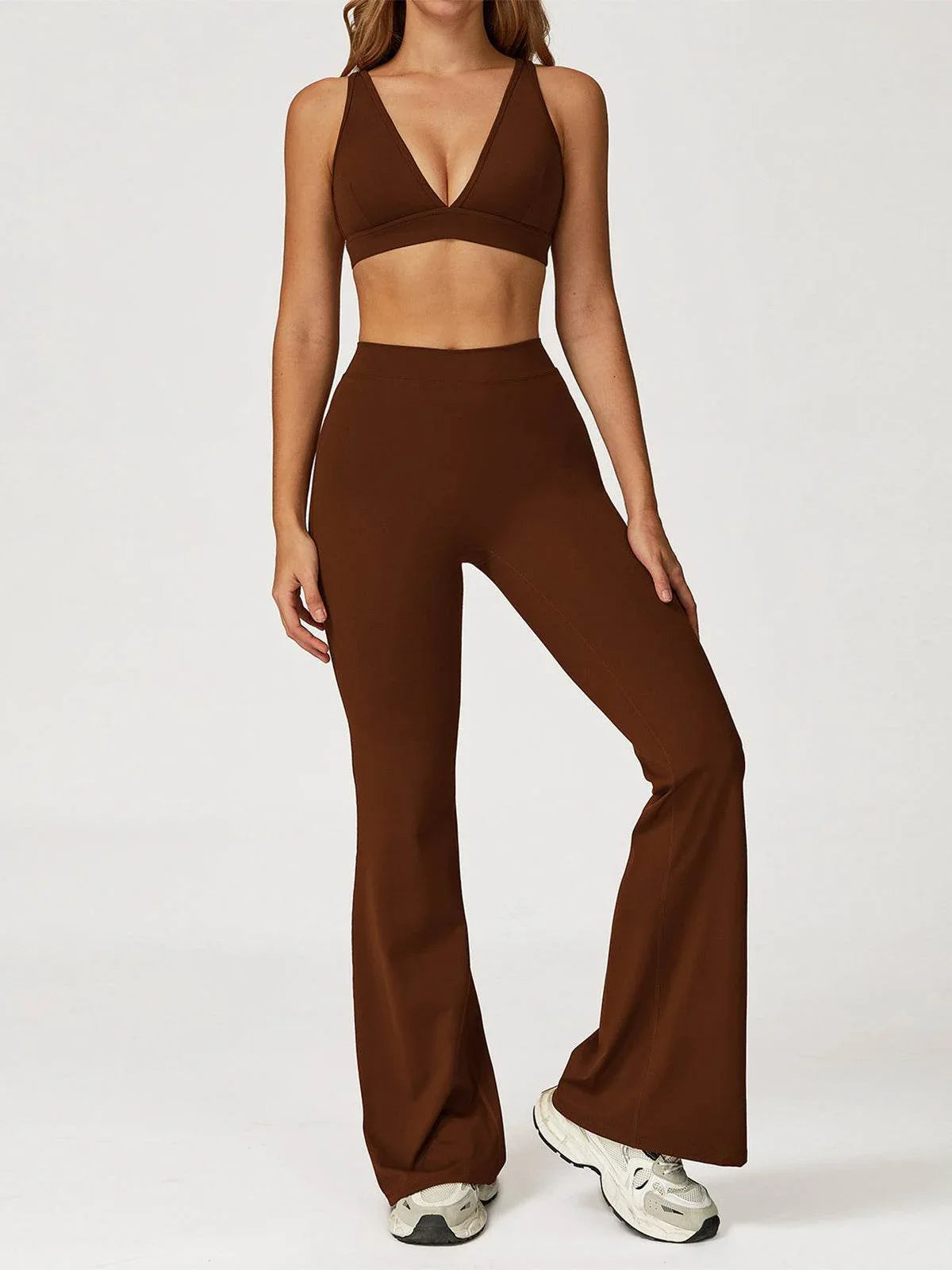 Activewear Set with Deep V-Neck Sports Bra and Flared Pant - Caramel Brown