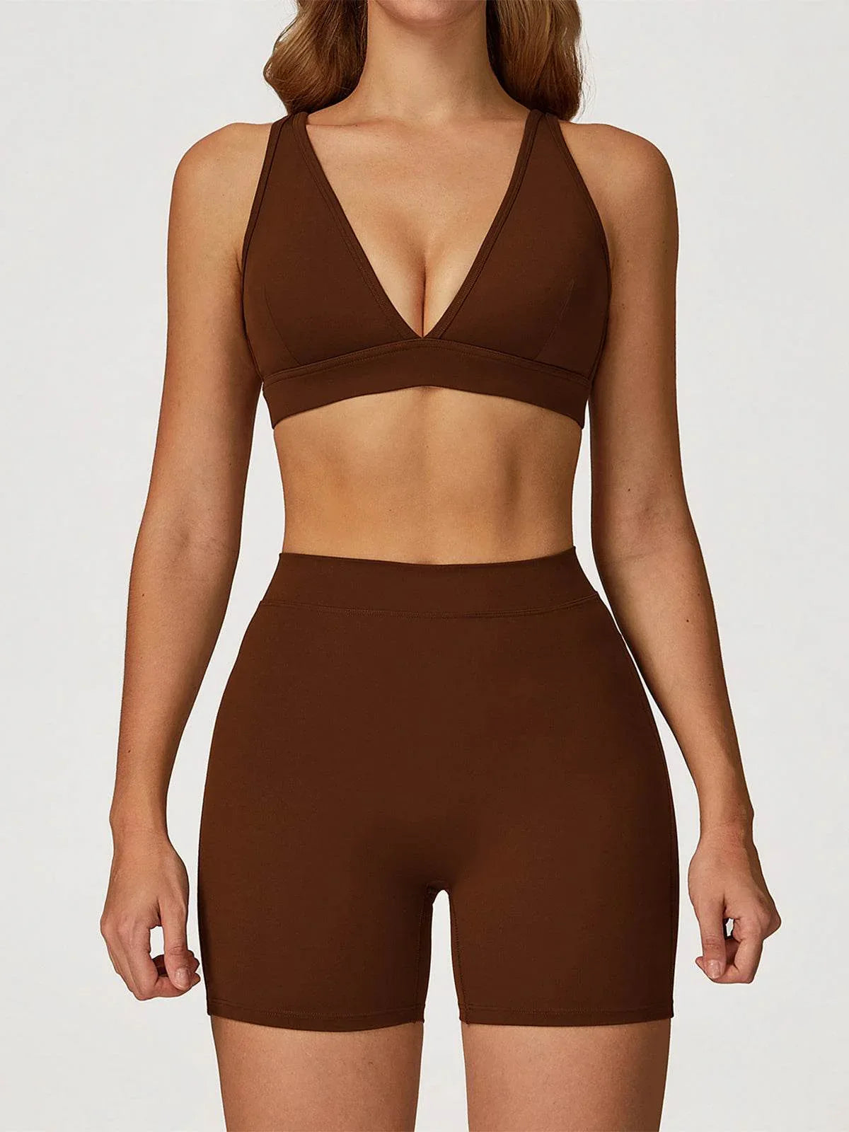 Activewear Set with Deep V-Neck Sports Bra and Short - Caramel Brown