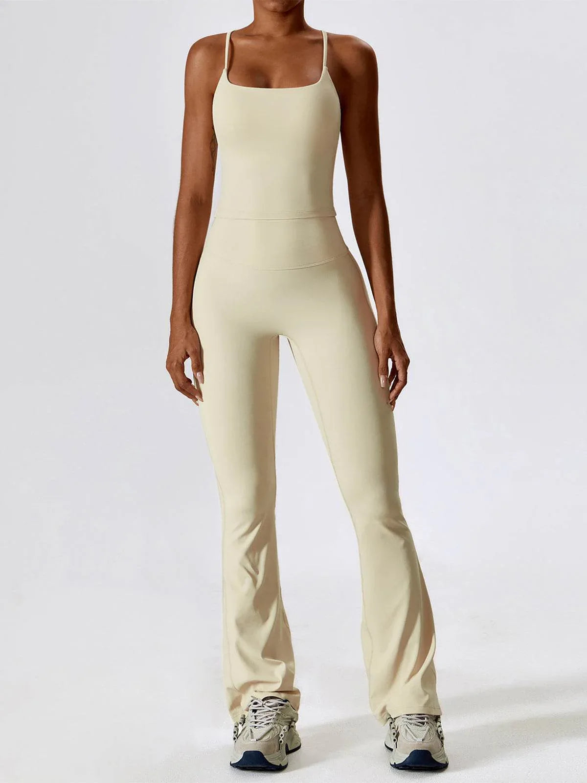 Sport Set with Crossover Strap Tank Top and Flared Pant - Oatmeal Apricot