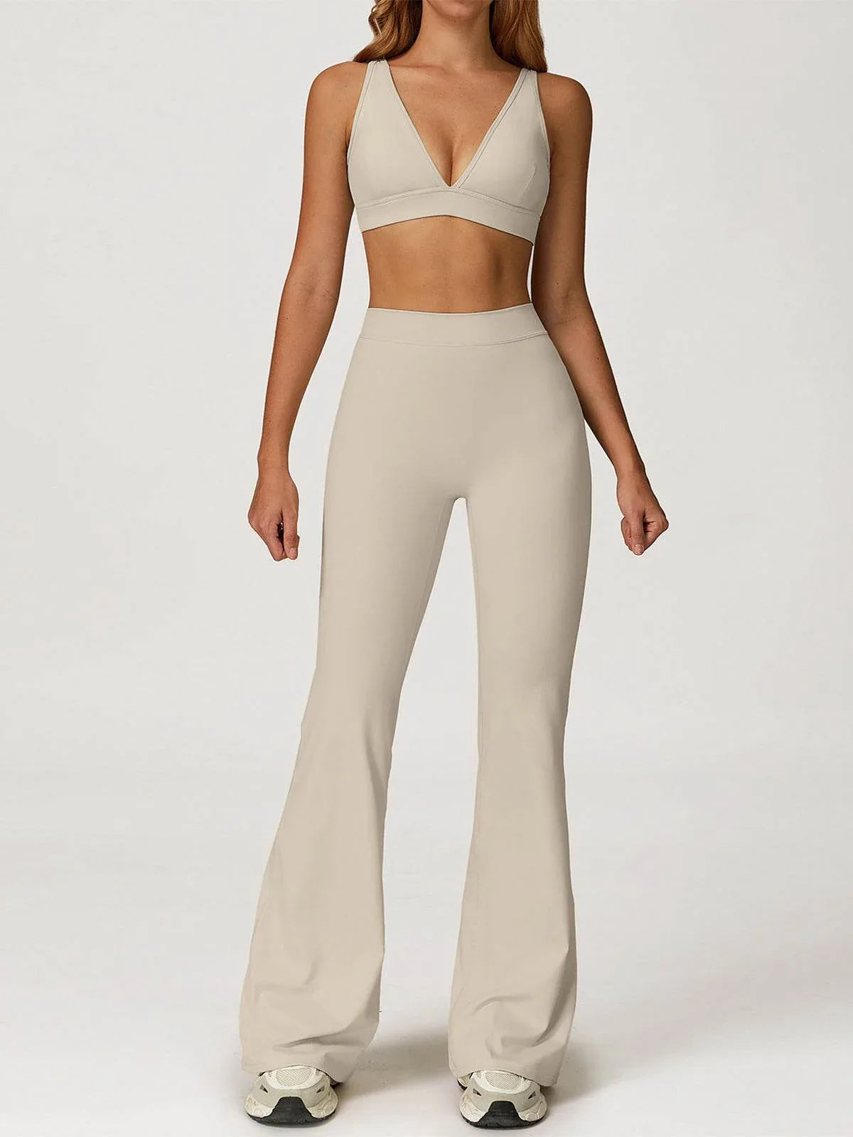 Activewear Set with Deep V-Neck Sports Bra and Flared Pant - Oatmeal Apricot