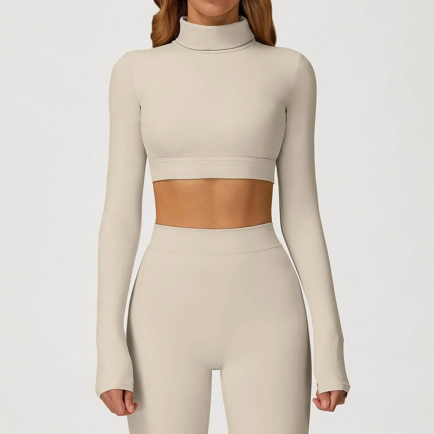 Backless Turtleneck Crop Top Long Sleeve Yoga T-Shirt - Oatmeal Apricot