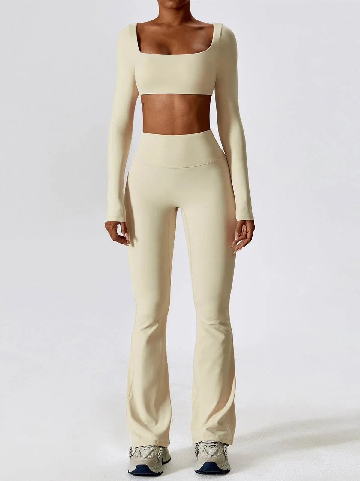 Sport Set with Square Neck Crop Top and Flared Pant - Oatmeal Apricot
