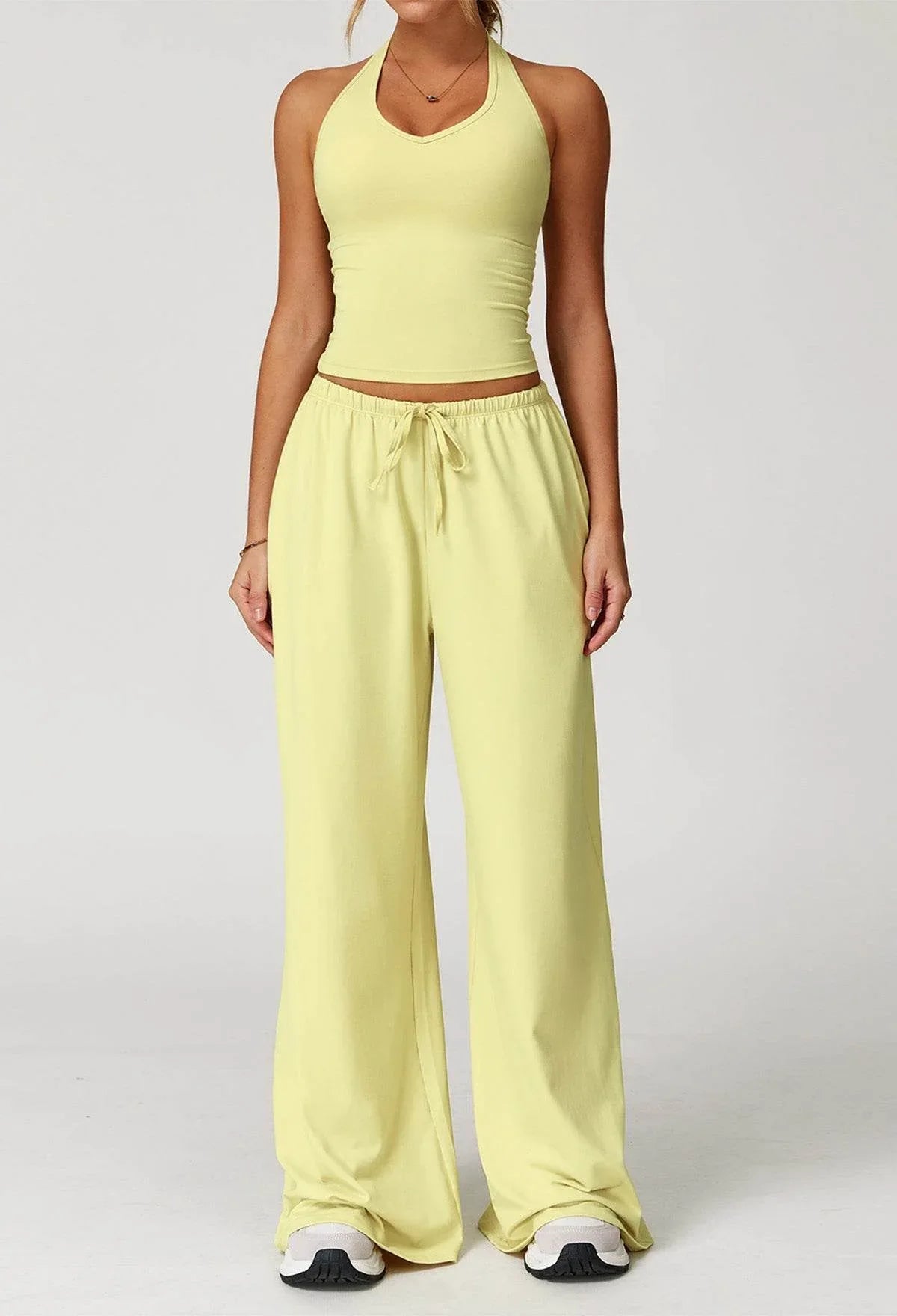 Activewear Wear with Tank Top and Wide Leg Lounge Pants - Light Yellow