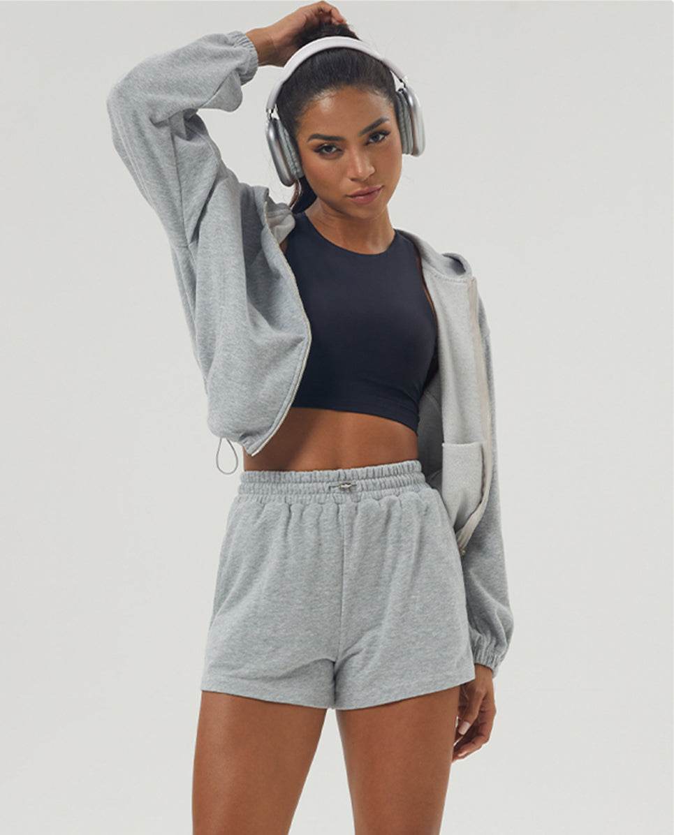 Loose Sports Set with Full Zip Hooded and Adjustable Short