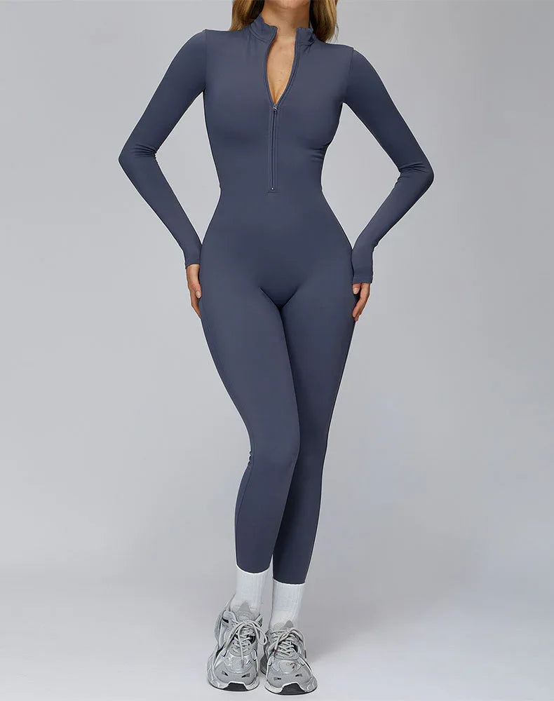 Long Sleeve Yoga Jumpsuit Zip Up Bodysuit with Chest Pads - Haze Blue