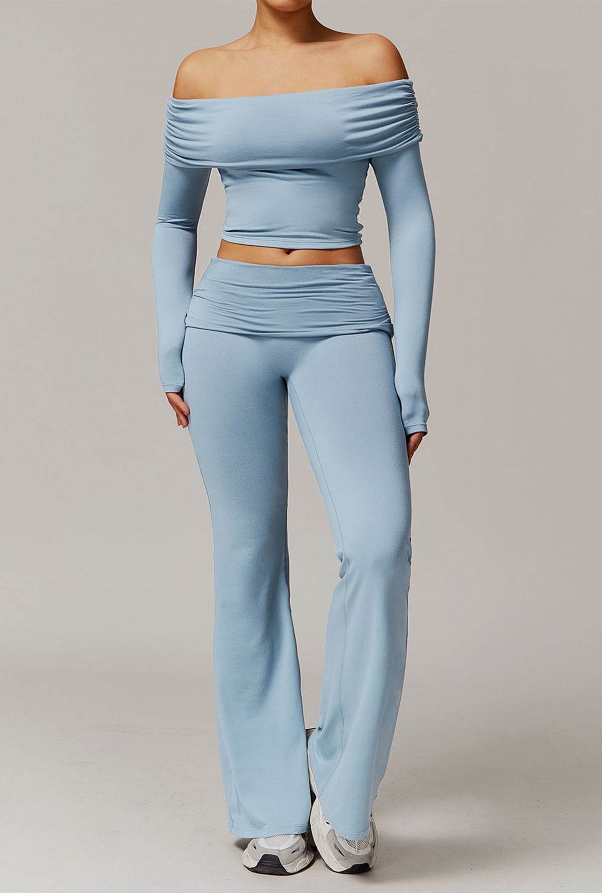 Active Wear Set with Long Sleeve Off Shoulder Crop Top and Flare Pants