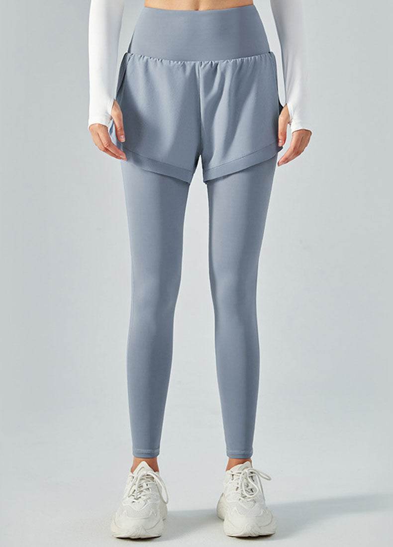 False Two Pieces Sports Leggings with Pockets Shorts