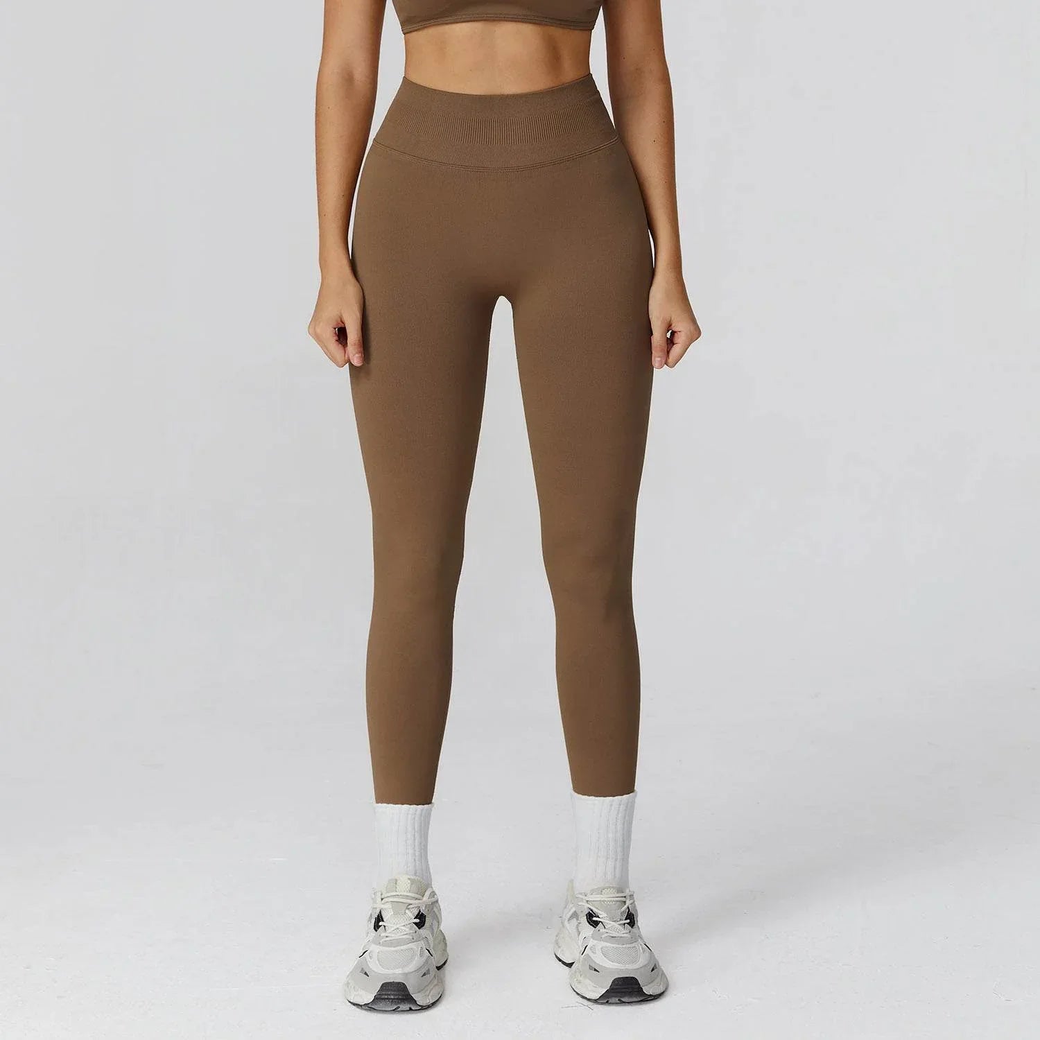 High Waist Workout Leggings Tummy Biker Pants - Cocoa Brown