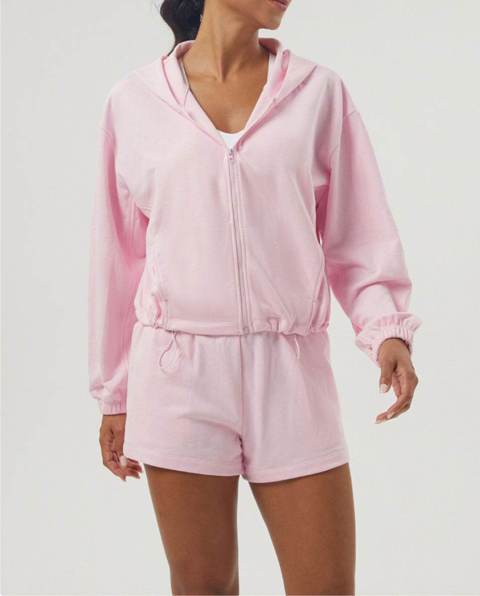 Loose Sports Set with Full Zip Hooded and Adjustable Short