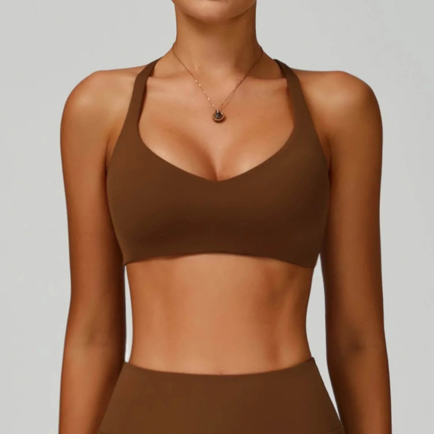 X Shaped Back Sports Bras with Removable Chest Pad - Light Coffee