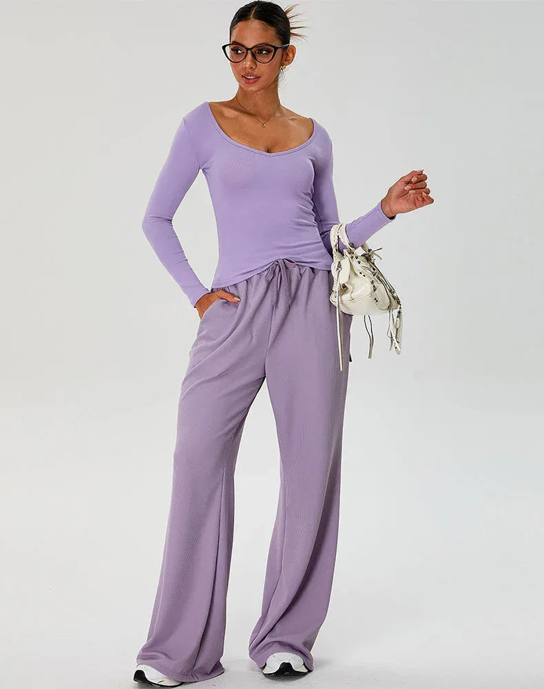 Activewear Set with Curved Neckline Top and Sweatpant -