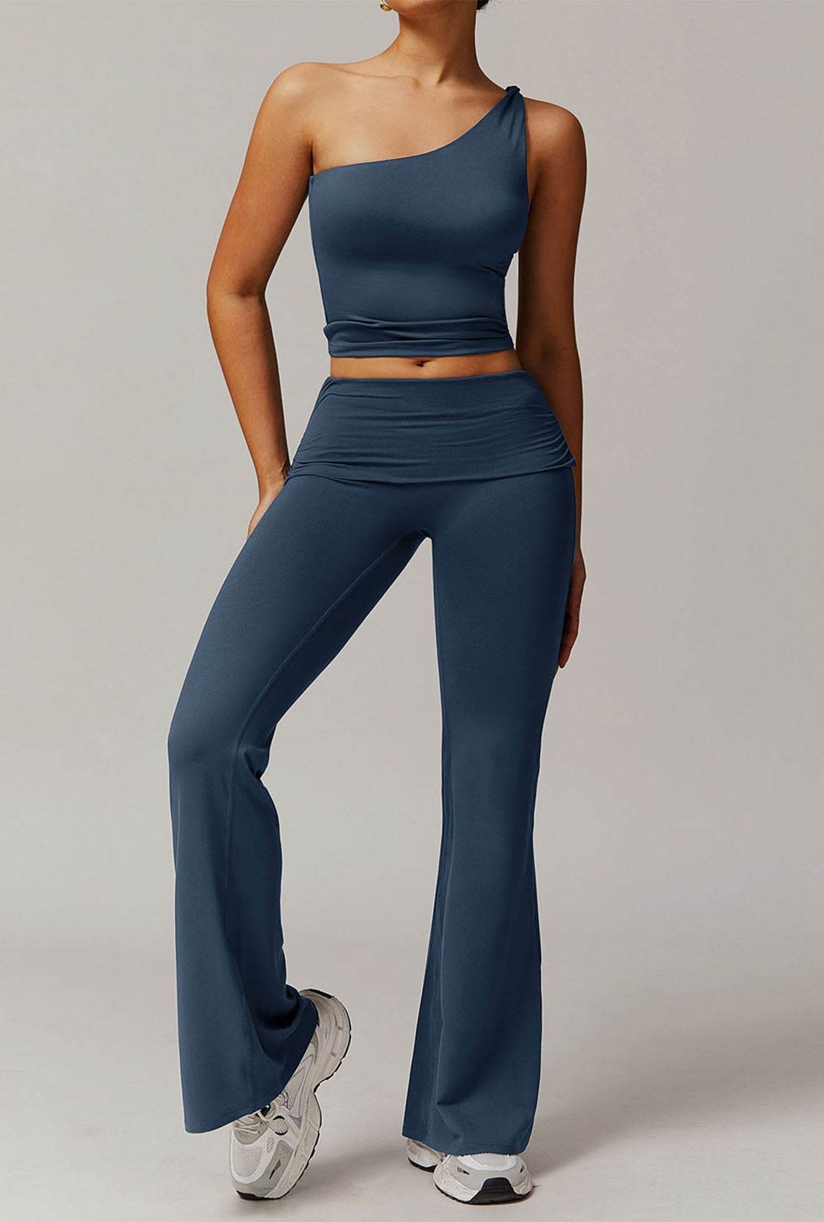 Active Wear Set with One Shoulder Knot Design Tank Top and Flare Pants