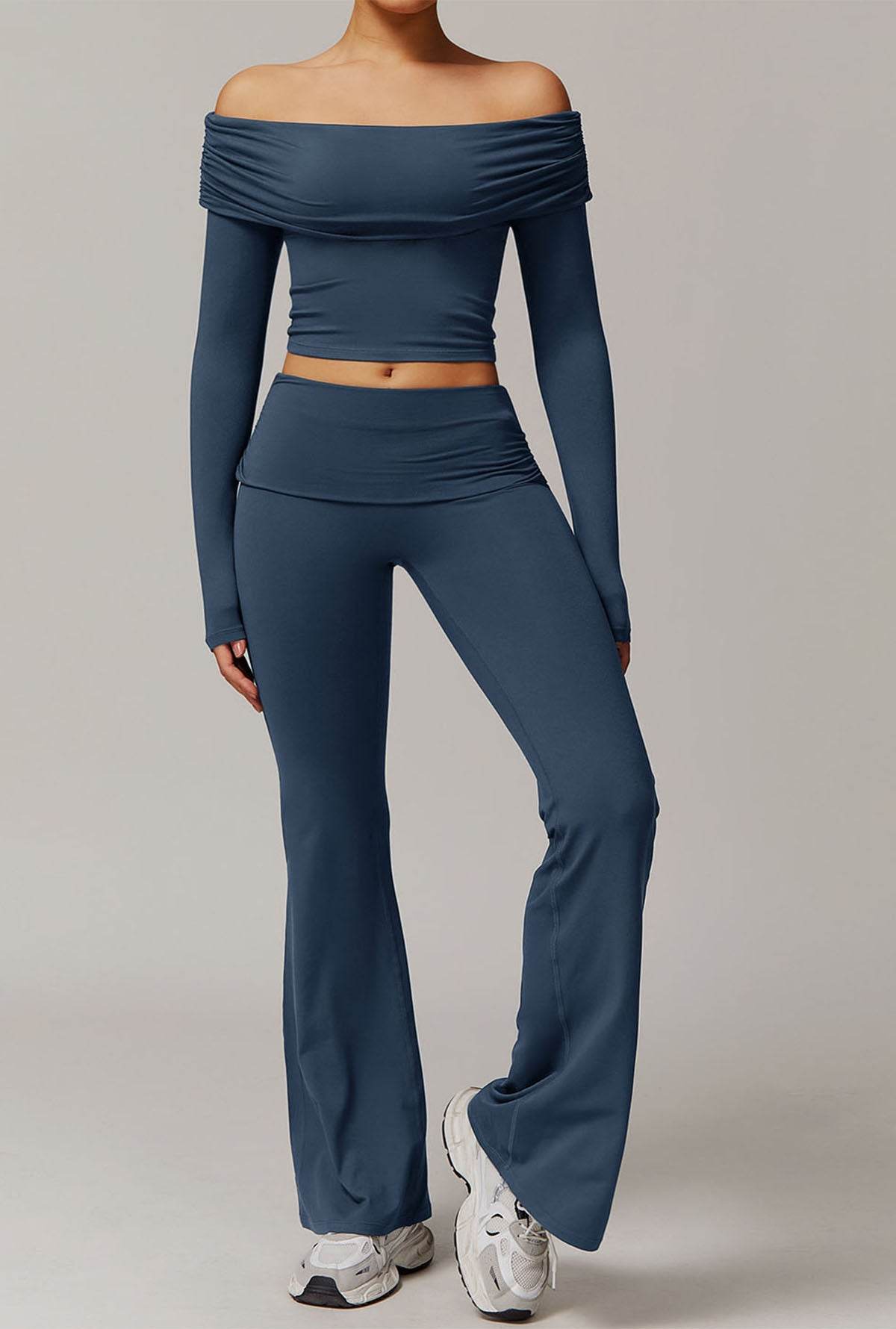 Active Wear Set with Long Sleeve Off Shoulder Crop Top and Flare Pants