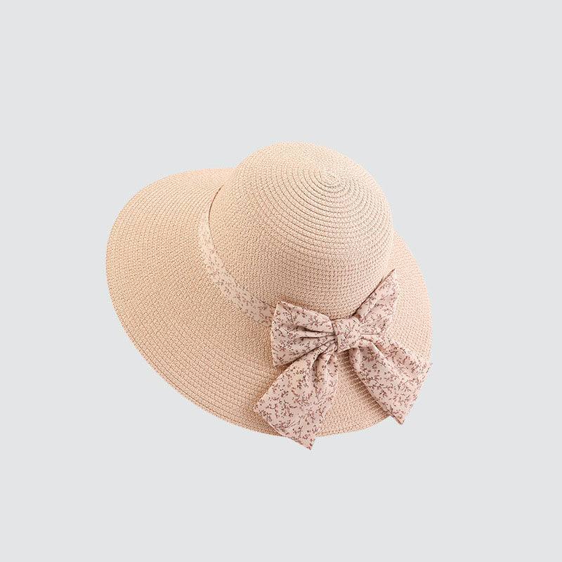 Summer Beach Sun Protection Straw Hat with Floral Bowknot