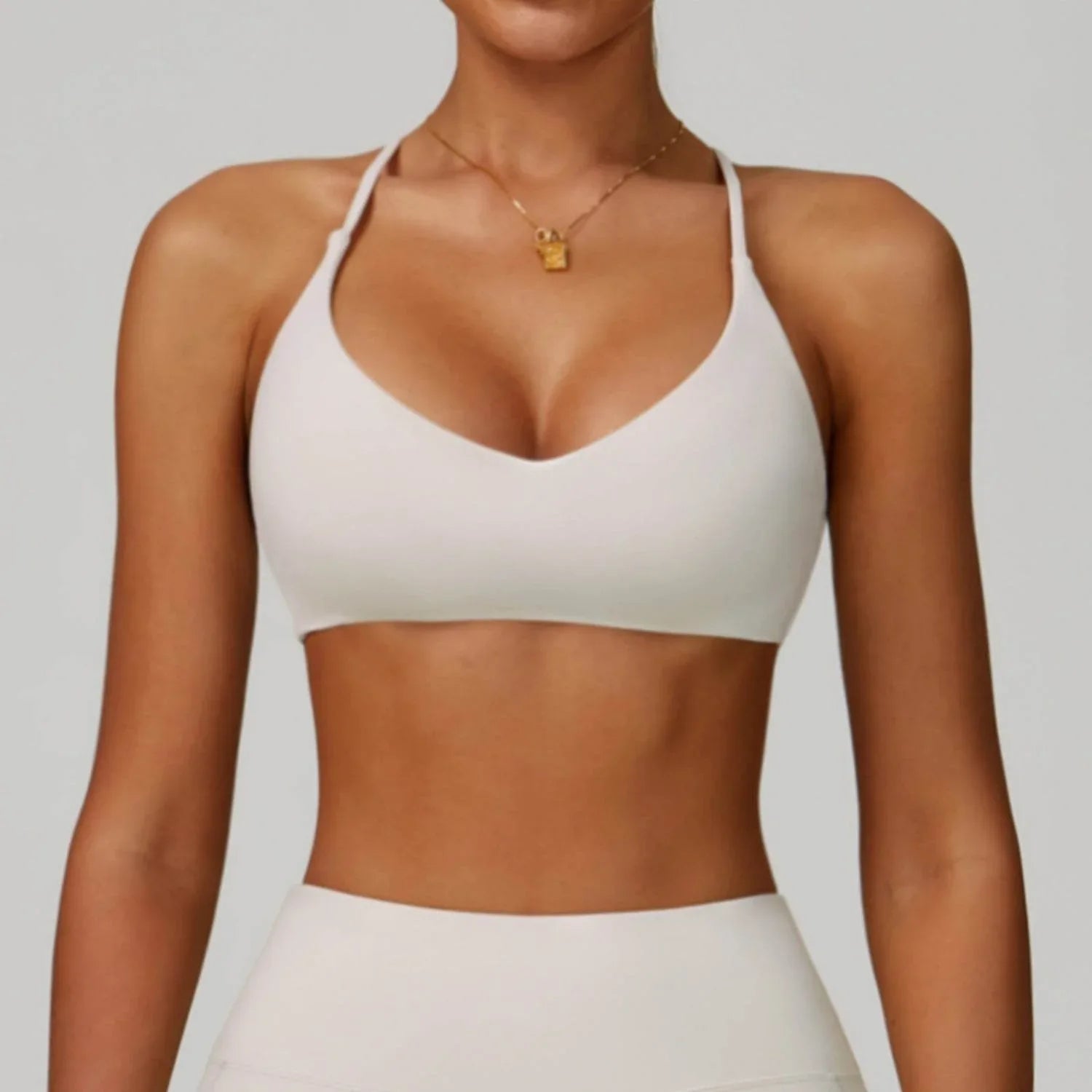 Spaghetti Straps Cross Back Sports Bra - Light Apricot