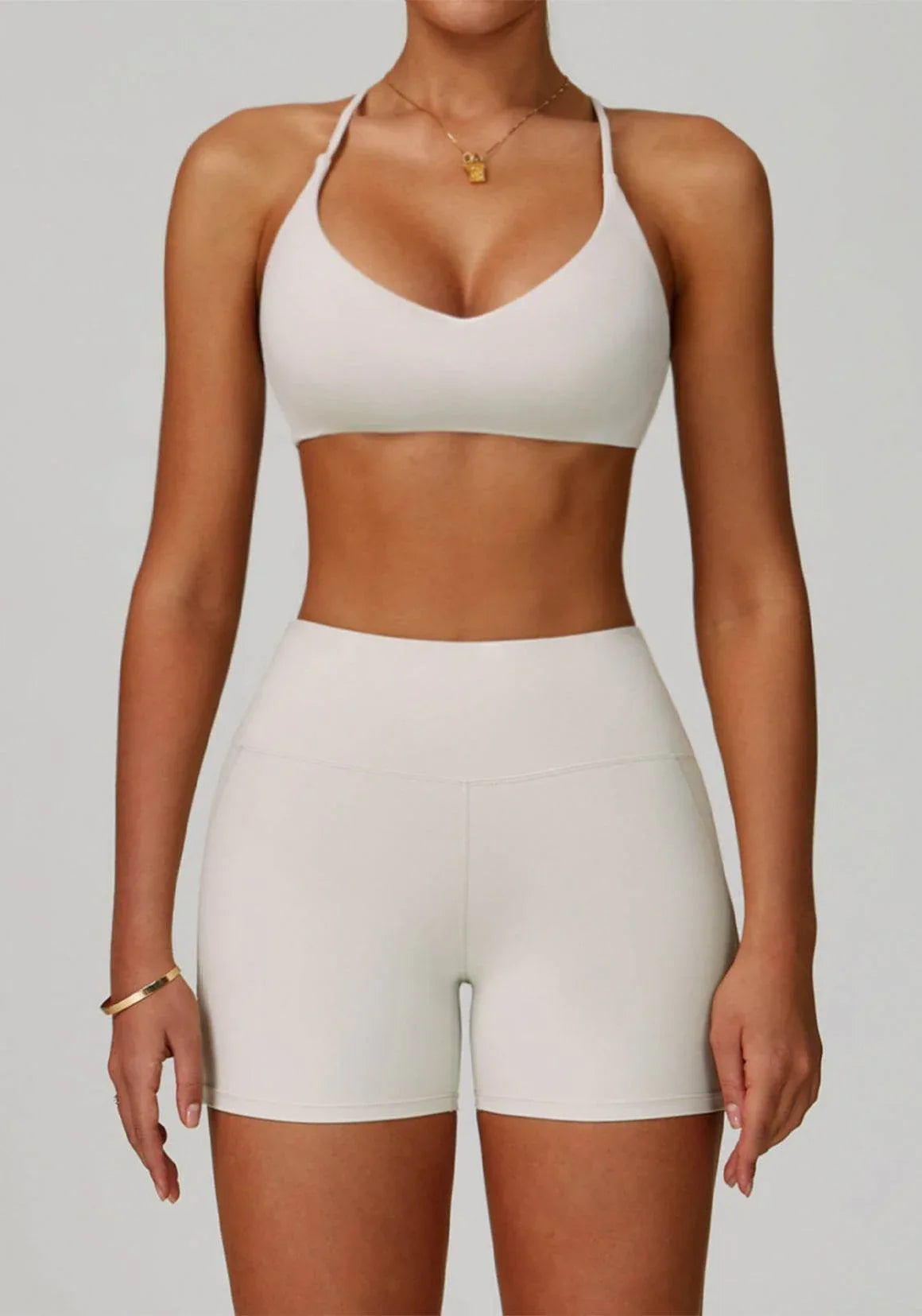 Activewear Set with Cross Back Sports Bra and Short - Light Apricot
